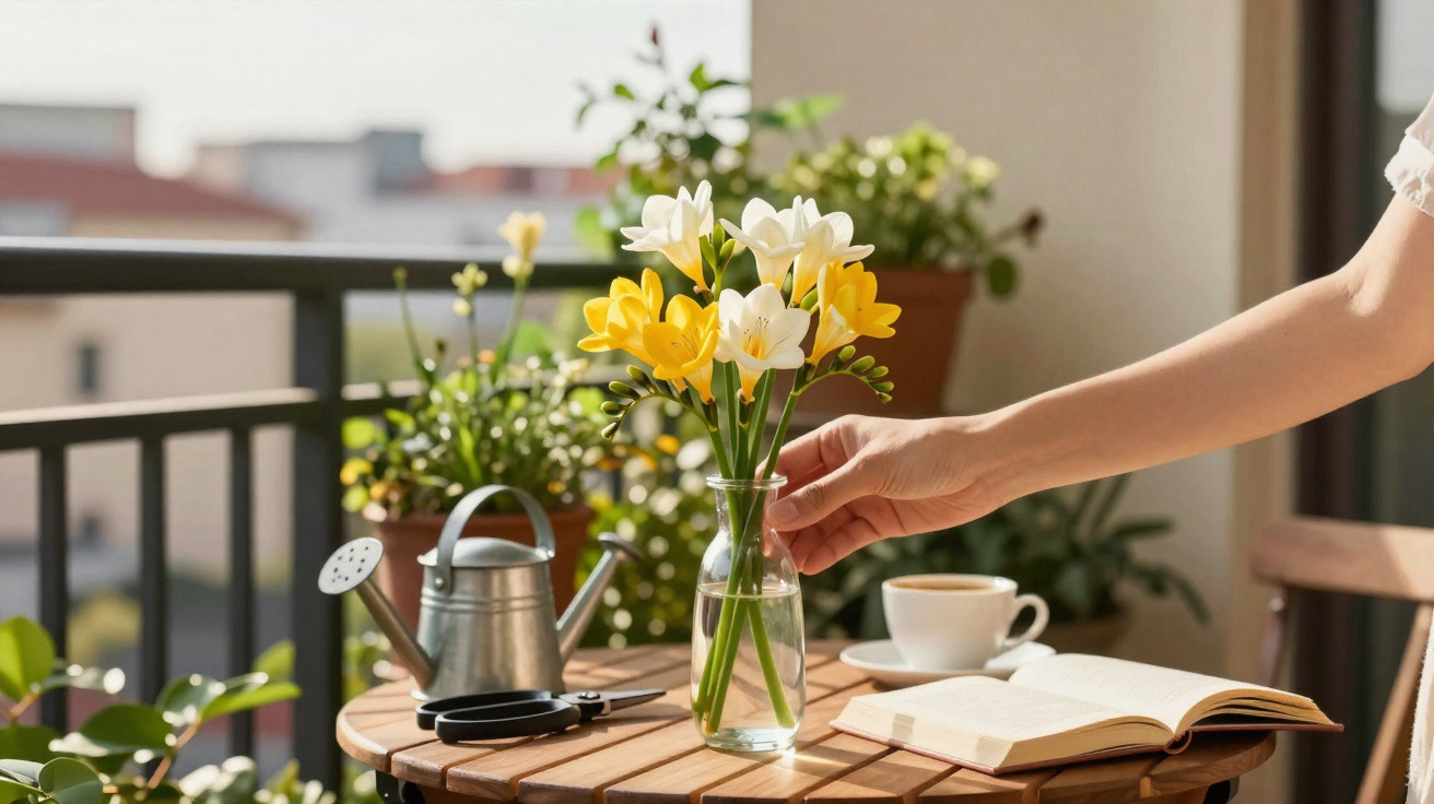 Mão colocando vaso com flores amarelas e brancas em mesa de madeira com livro aberto e xícara de café.