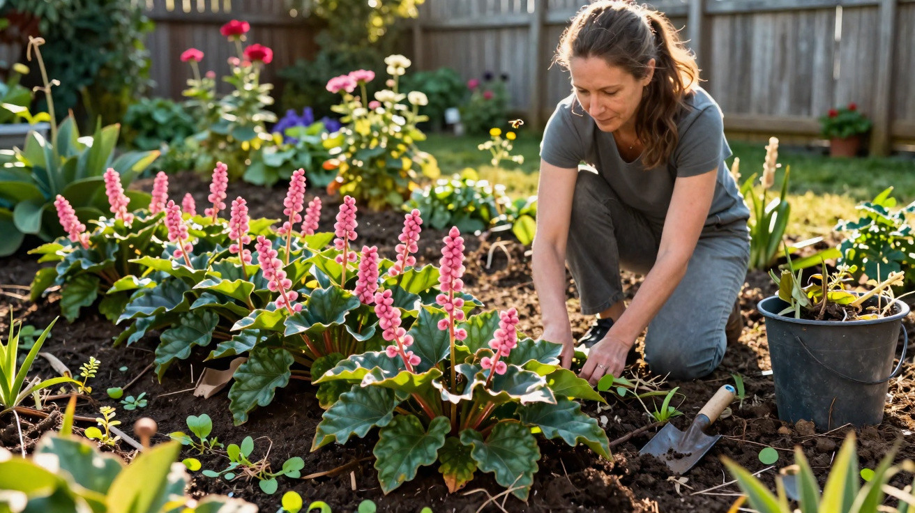 Mulher cuidando de flores cor-de-rosa em jardim ensolarado com cerca de madeira ao fundo.