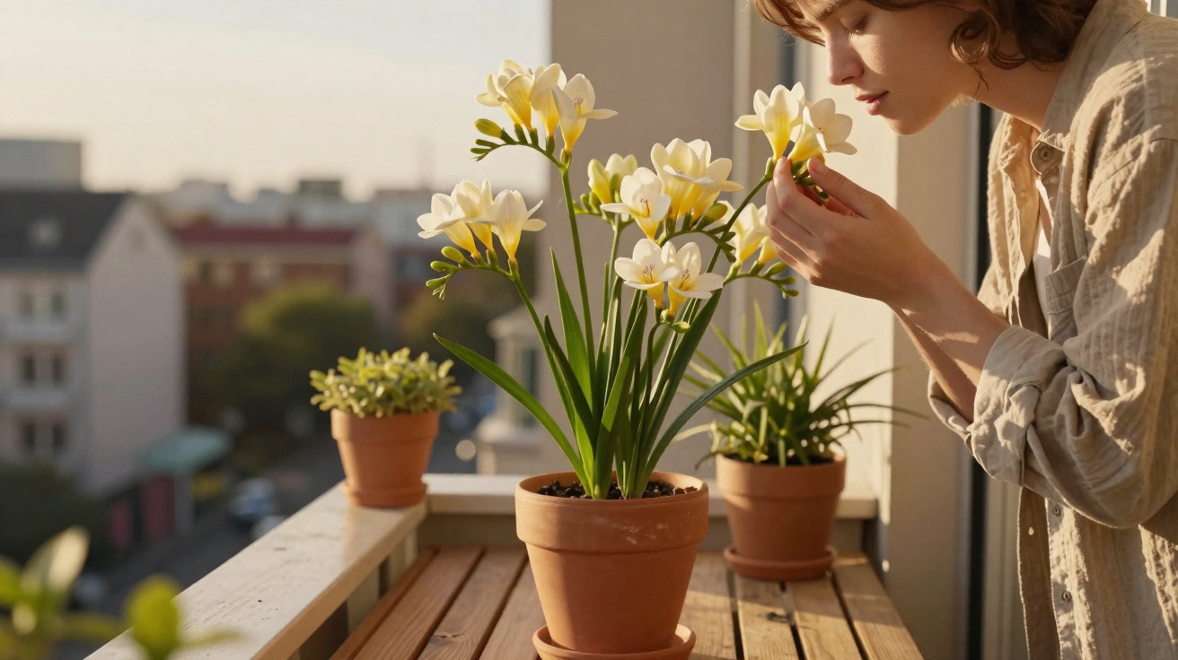 Mulher cheirando flores amarelas em vaso em varanda com plantas ao fundo e luz natural.