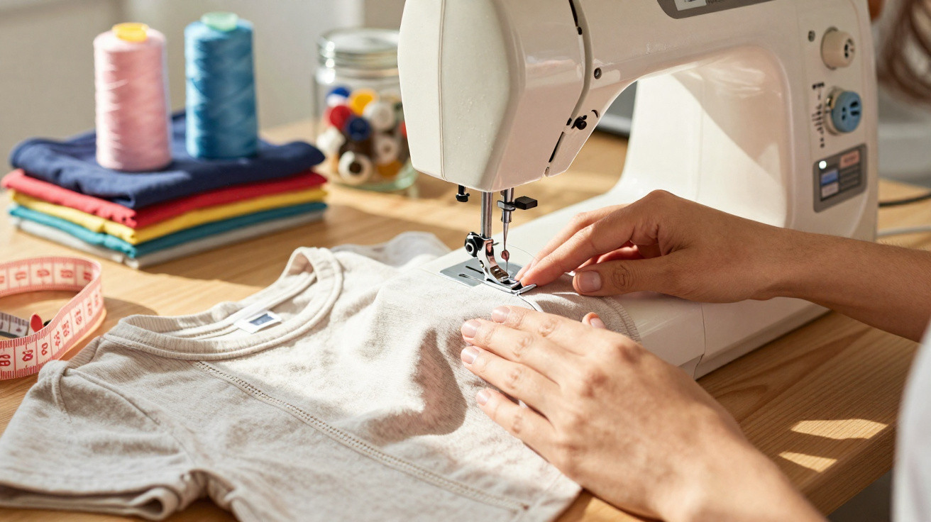Pessoa costurando camiseta cinza clara em máquina de costura com tecidos e linhas coloridas ao fundo.