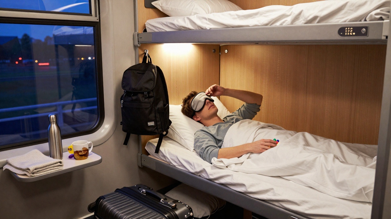 Jovem deitado na cama inferior de cabine de trem, usando tapa-olhos, com mochila e mala ao lado.