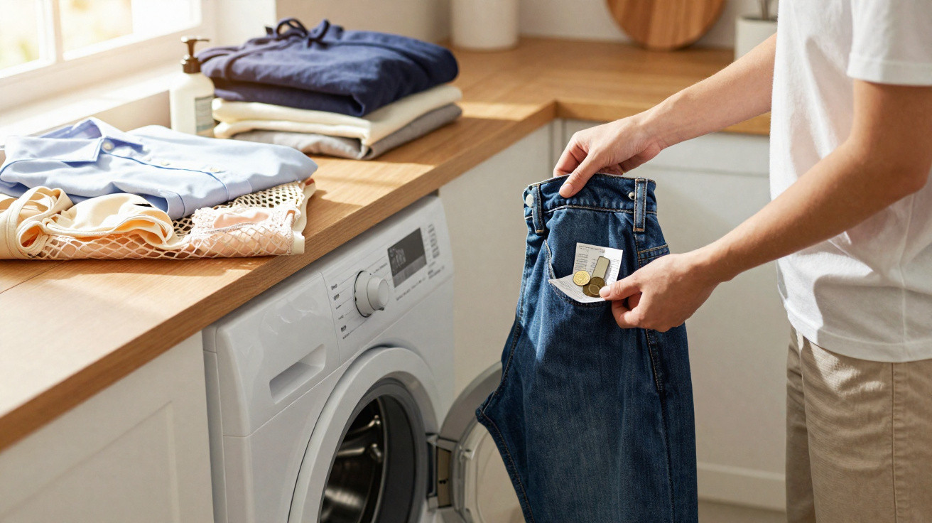 Pessoa retirando moedas e um bilhete do bolso de uma calça jeans perto de uma máquina de lavar roupa.