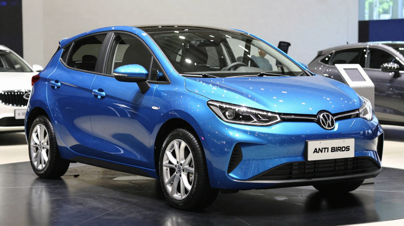 Carro hatchback azul elétrico Anti Birds exposto em salão de automóveis com outros veículos ao fundo.