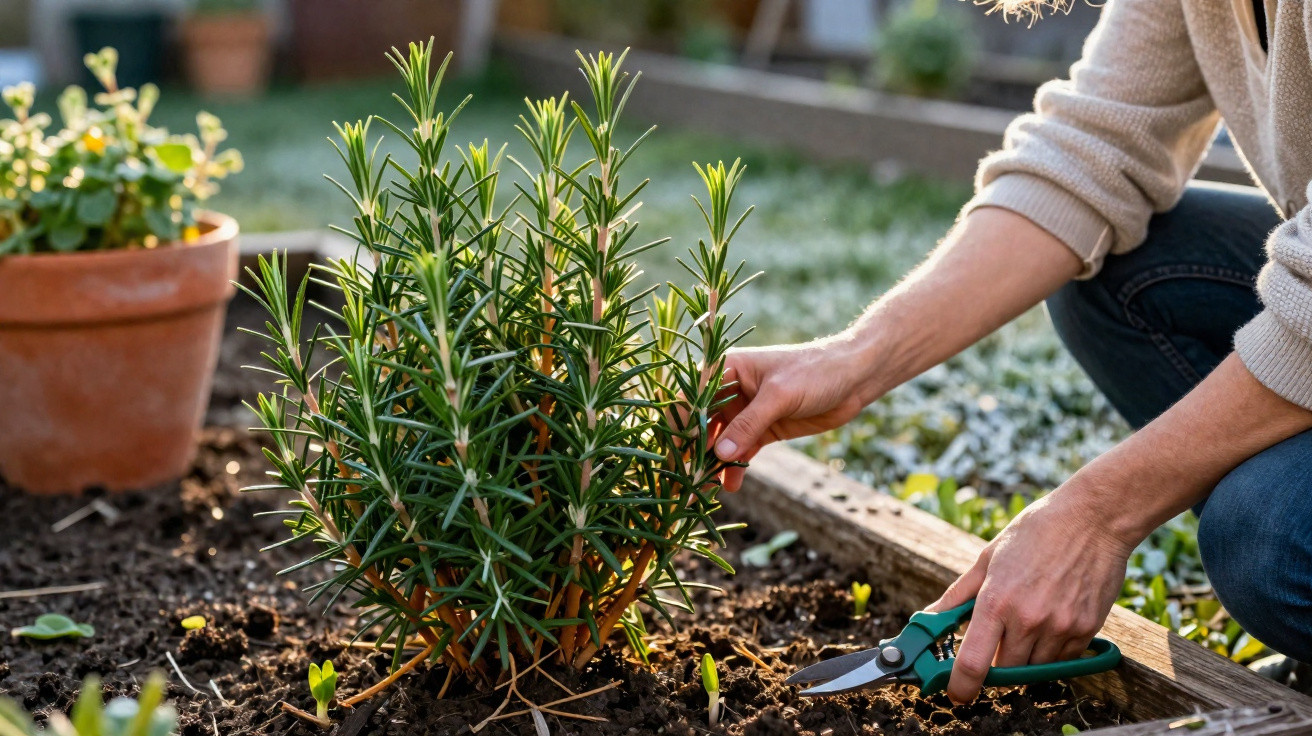 Pessoa cuidando e podando planta de alecrim em canteiro de jardim com tesoura de poda.