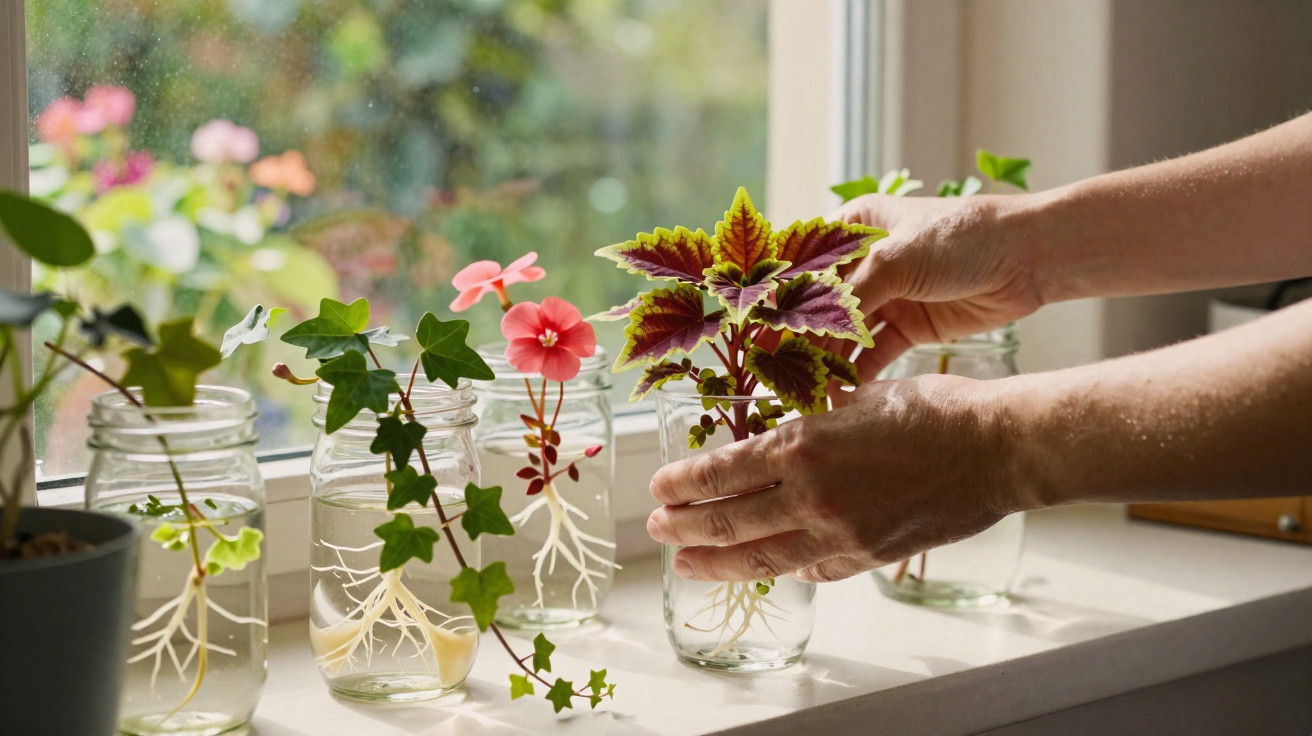 Mãos cuidando de plantas em jarros com água sobre o peitoril iluminado por luz natural.