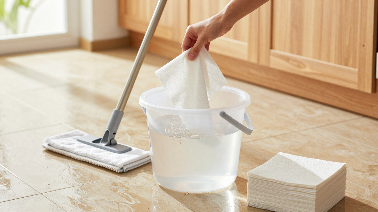 Pessoa mergulhando pano branco em balde com água para limpar chão de cozinha com esfregão.