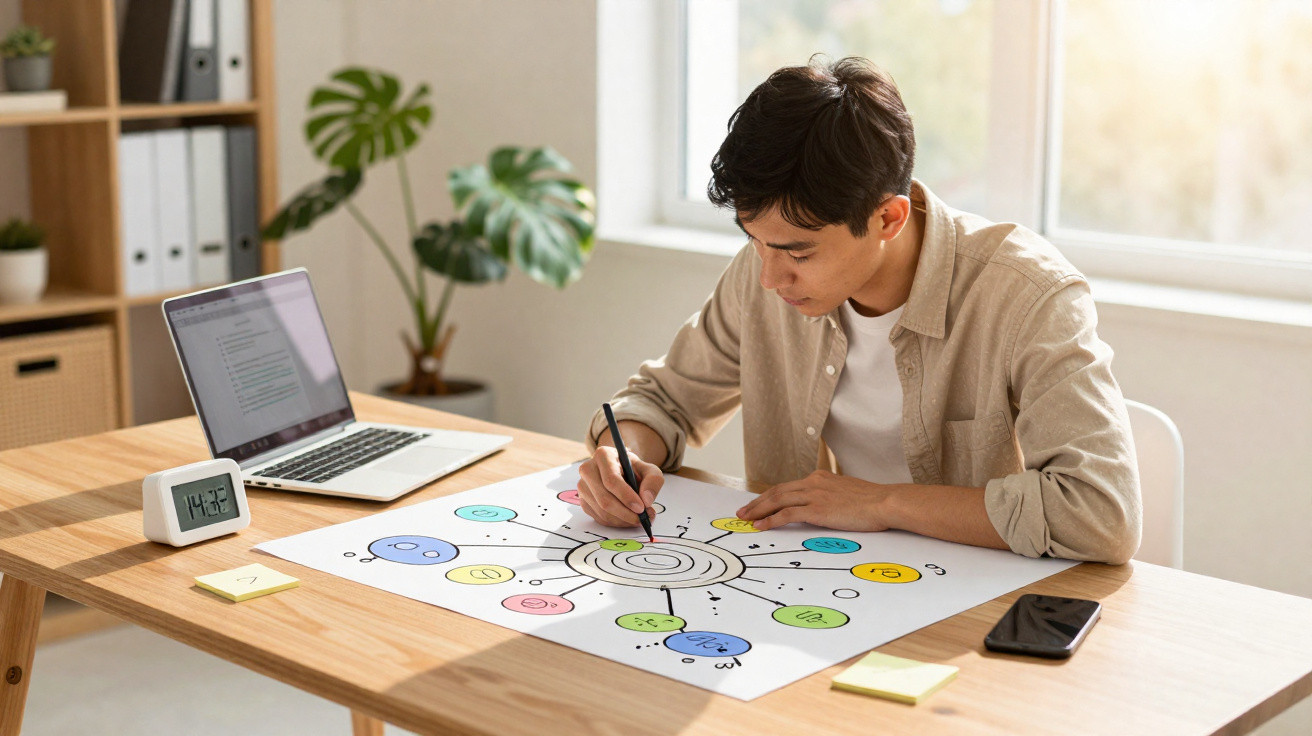 Jovem sentado à mesa desenhando um mapa mental colorido, com laptop e celular ao lado, em ambiente iluminado.