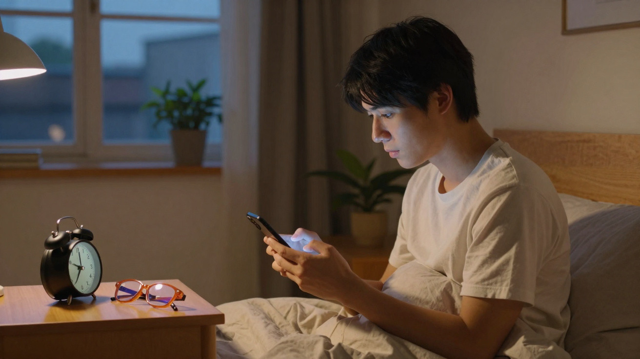 Jovem sentado na cama à noite usando celular, com abajur, relógio e óculos na mesa ao lado.