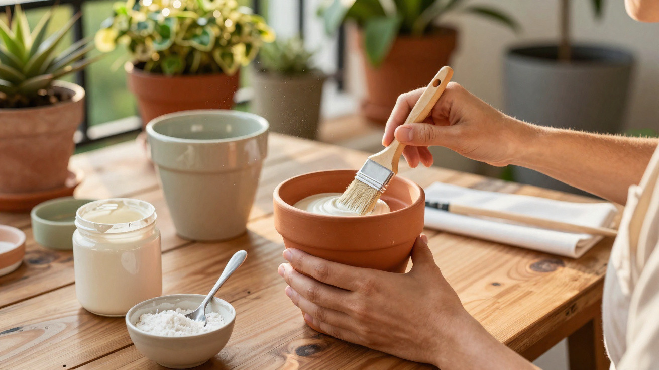 Mãos pintando vaso de cerâmica com tinta branca em mesa de madeira, cercada por plantas e materiais.