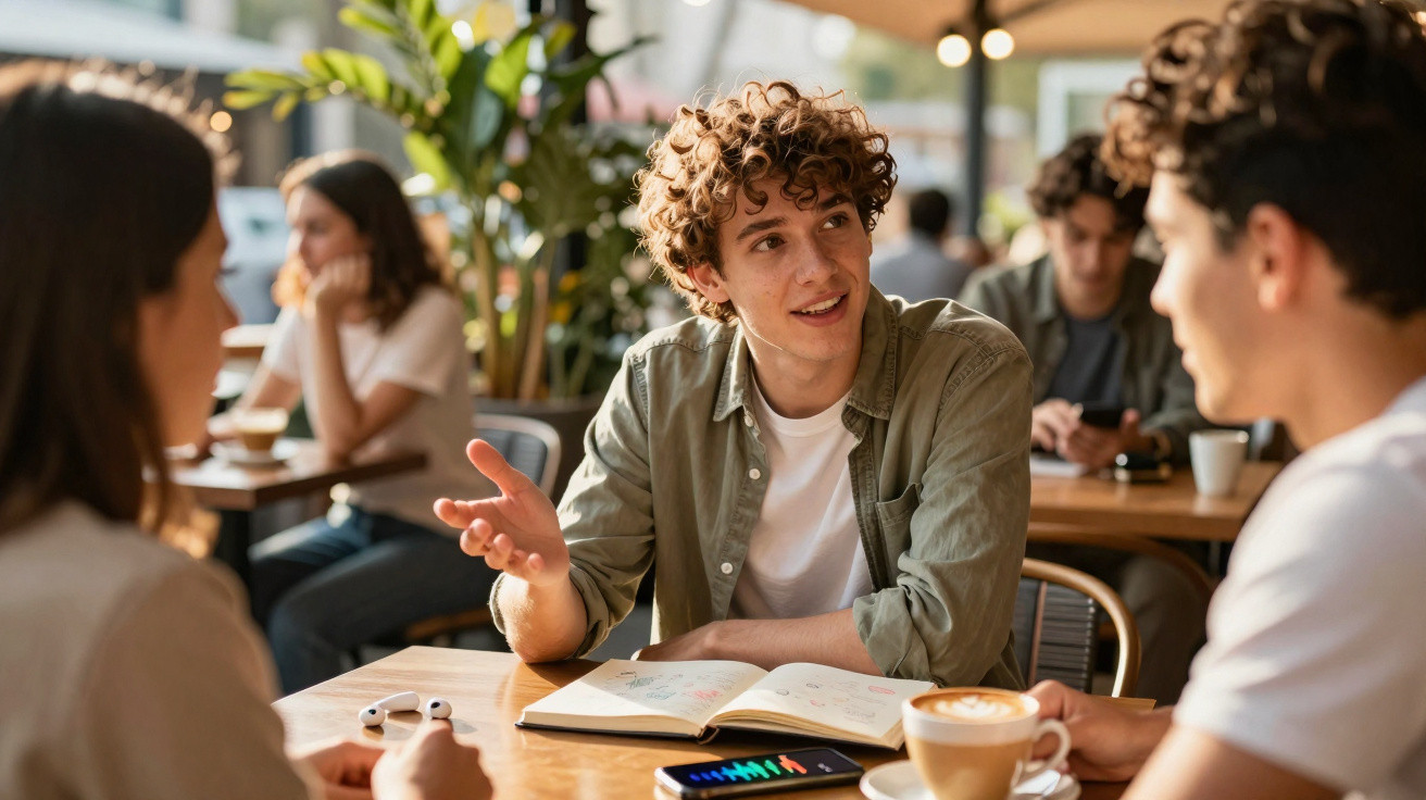 Jovem conversa animadamente com amigos em mesa de café, com caderno aberto e xícara de café na frente.