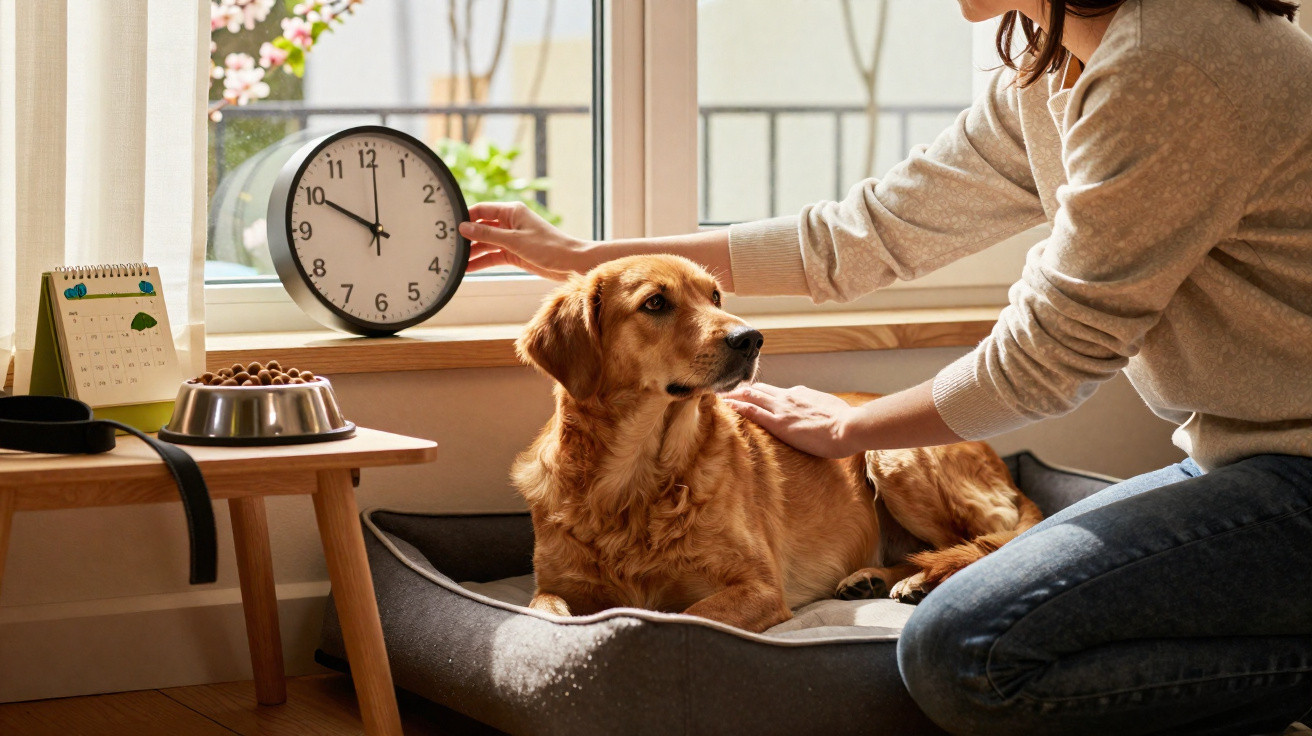 Pessoa ajustando relógio próximo a cachorro dourado deitado em cama para cães junto à janela.