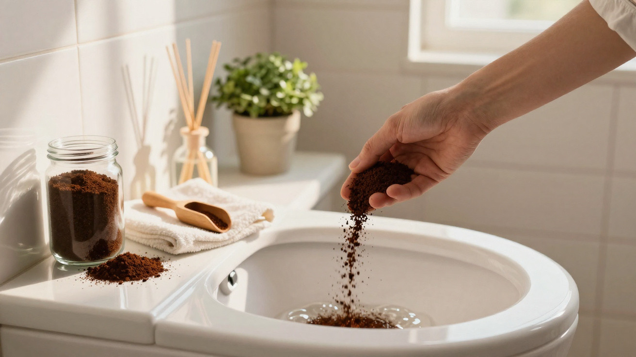 Mão despejando borra de café no vaso sanitário com vidro e toalha ao lado em banheiro iluminado.