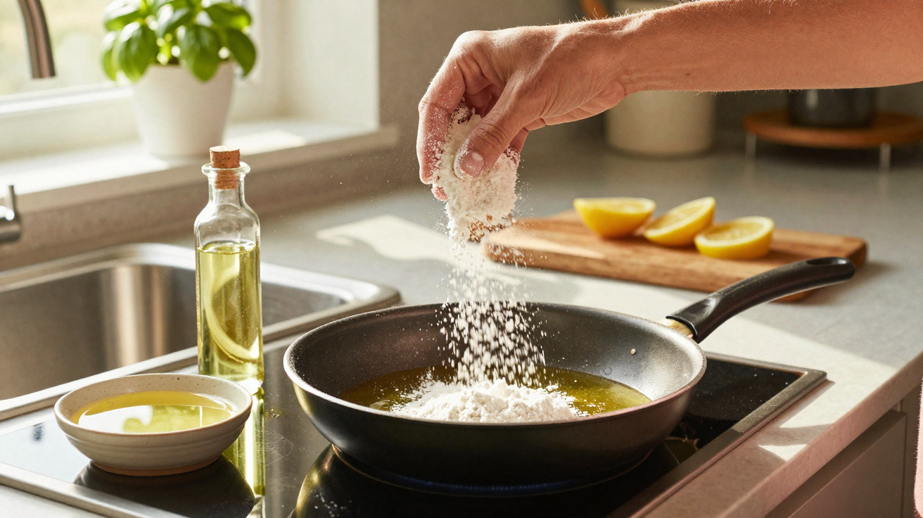 Pessoa adicionando farinha em frigideira com óleo em cozinha iluminada por luz natural.
