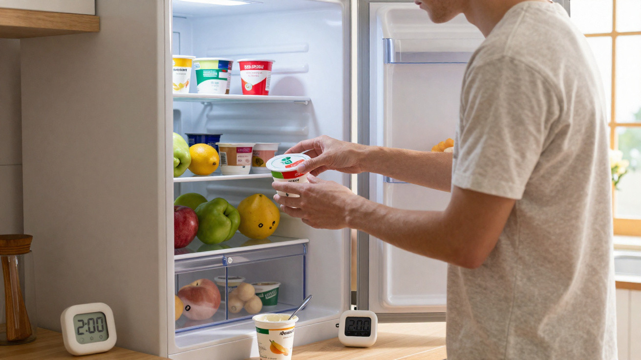 Pessoa abrindo geléia na geladeira com frutas e potes de iogurte visíveis, com relógios digitais marcando 2:00.