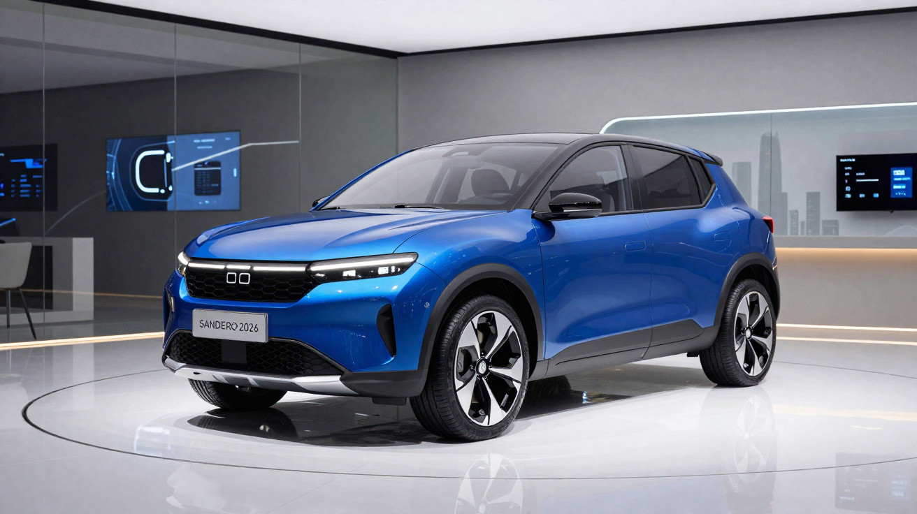 Carro SUV azul elétrico Sandero 2026 exibido em showroom moderno e iluminado.