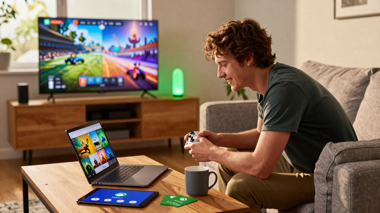 Jovem sentado no sofá jogando videogame com controle, laptop e tablet sobre mesa na sala.