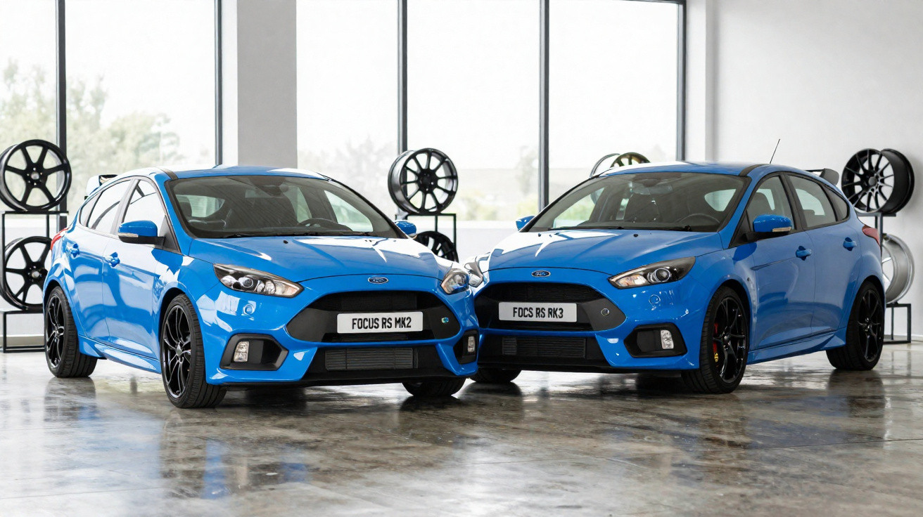 Dois carros azul Ford Focus RS MK2 e MK3 estacionados em ambiente interno com rodas exibidas ao fundo.