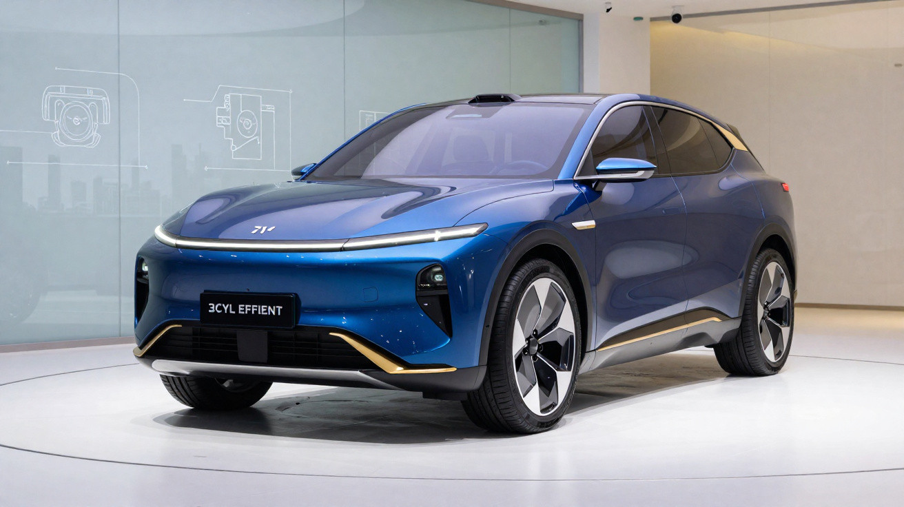 SUV elétrico azul 3CYL EFFIENT em exposição com design moderno e linhas aerodinâmicas.