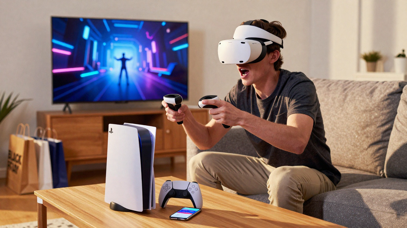 Jovem usando óculos de realidade virtual e controles, sentado no sofá, jogando videogame com console PS5 na mesa.