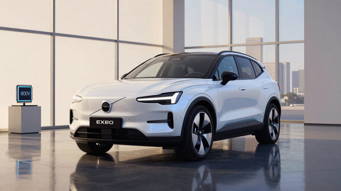Carro elétrico branco Volvo EX90 estacionado em ambiente moderno com janelas grandes e pedestal com chip 800V.
