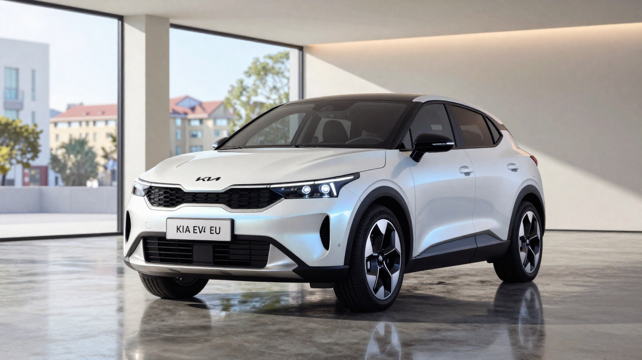 Carro elétrico branco Kia EV6 estacionado em sala ampla com janelas grandes e parede branca.
