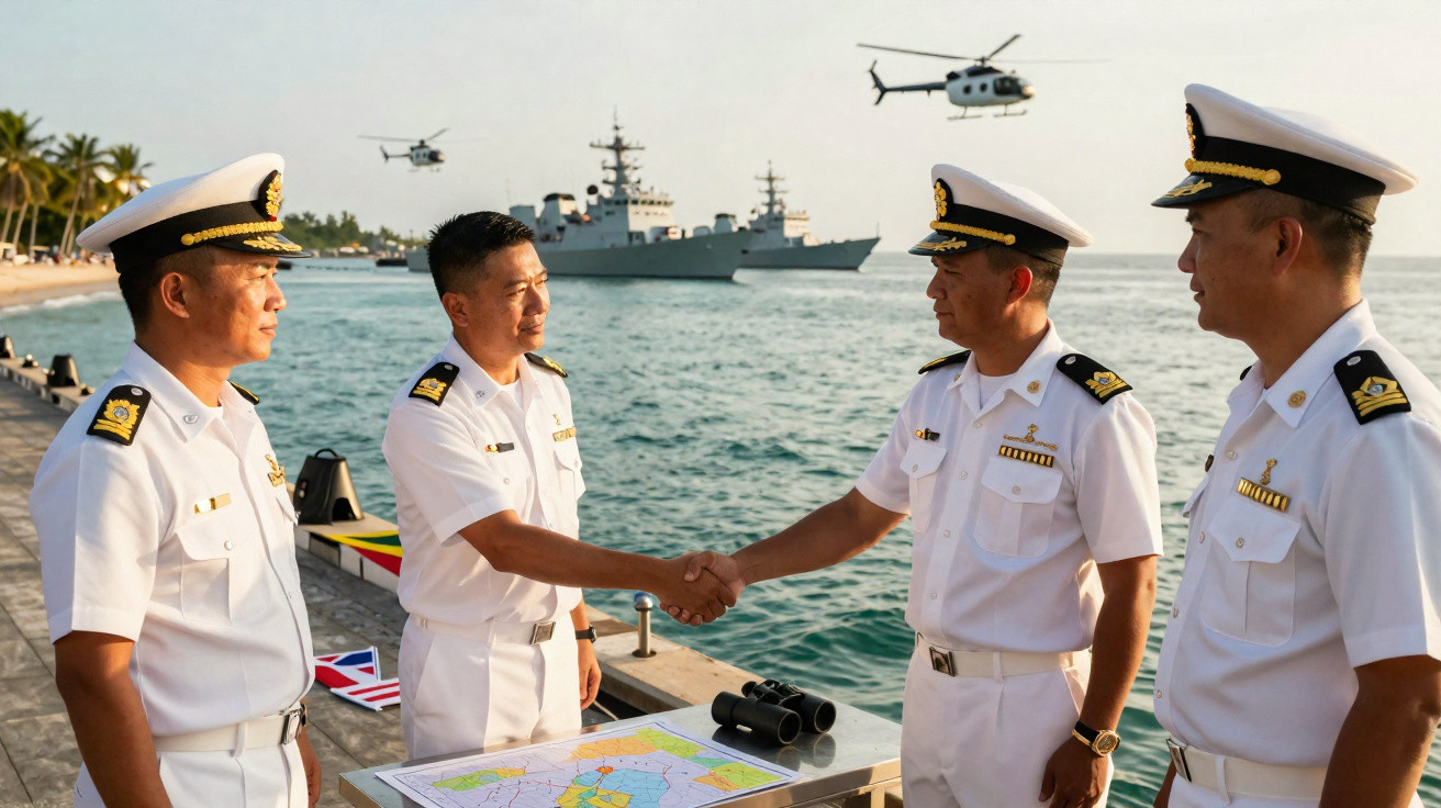 Quatro oficiais da marinha em uniforme branco cumprimentam-se em cais com mapa, binóculos, helicópteros e navio ao fundo.