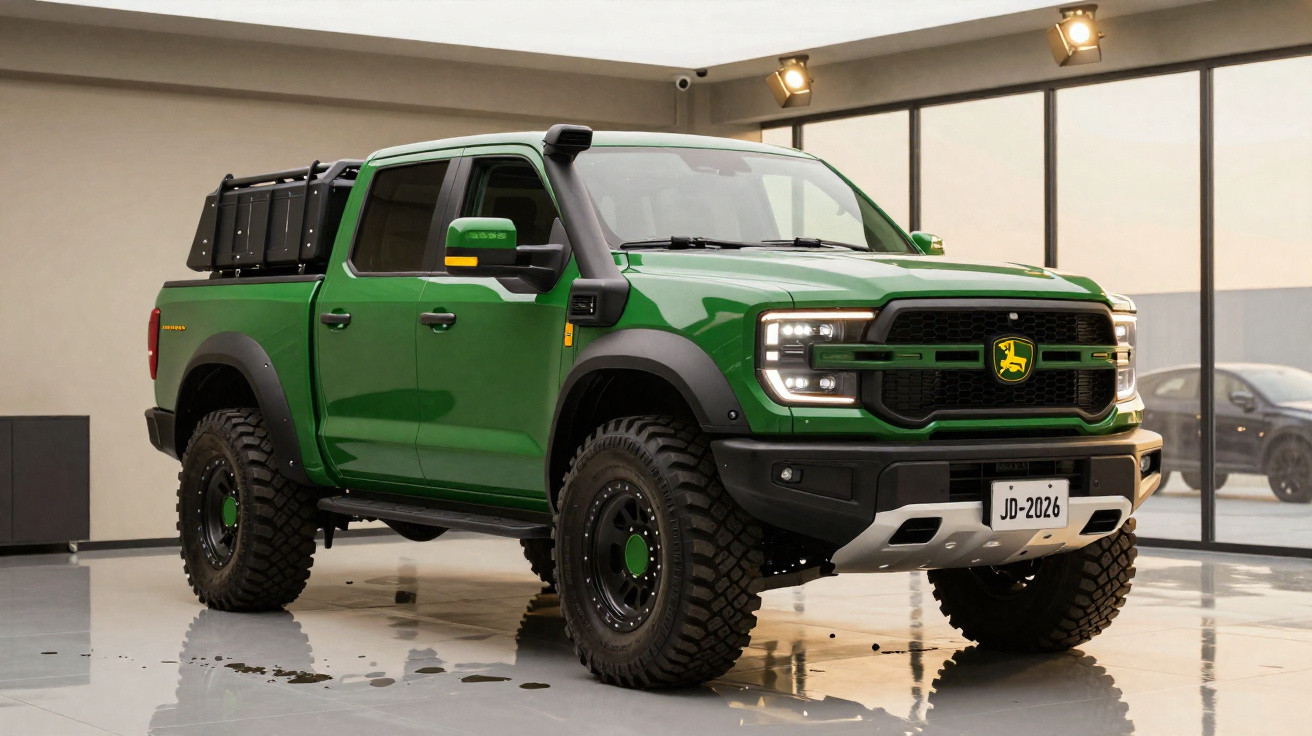 Picape verde com pneus off-road em ambiente interno moderno e iluminação natural.
