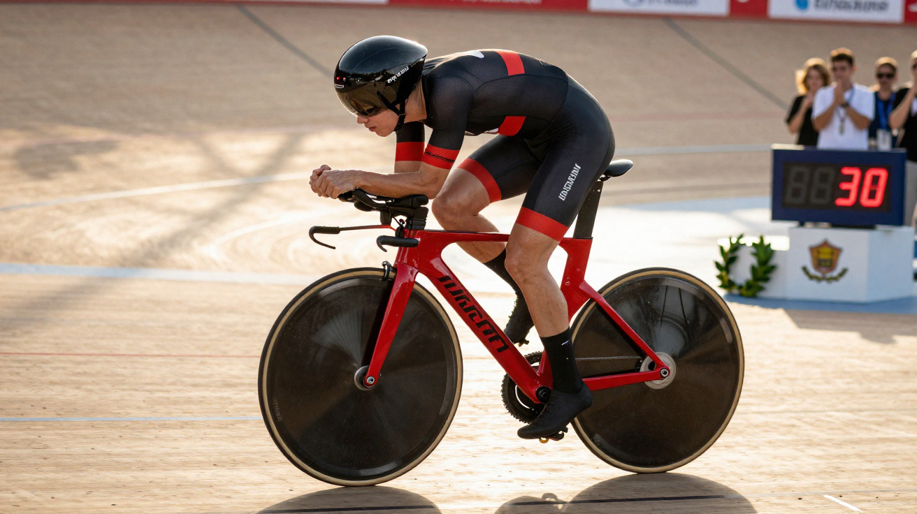 Ciclista em roupa preta e vermelha competindo em bicicleta vermelha em pista de velódromo.