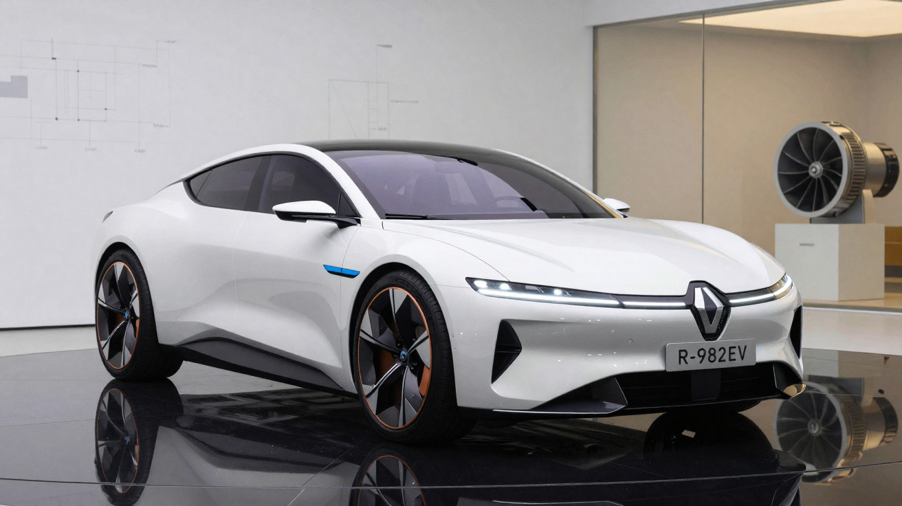 Carro elétrico branco Renault com design futurista exposto em ambiente interno moderno.