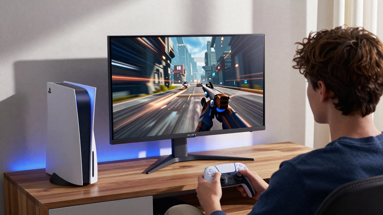 Jovem jogando videogame de tiro em primeira pessoa em monitor Sony com console PlayStation 5 ao lado.