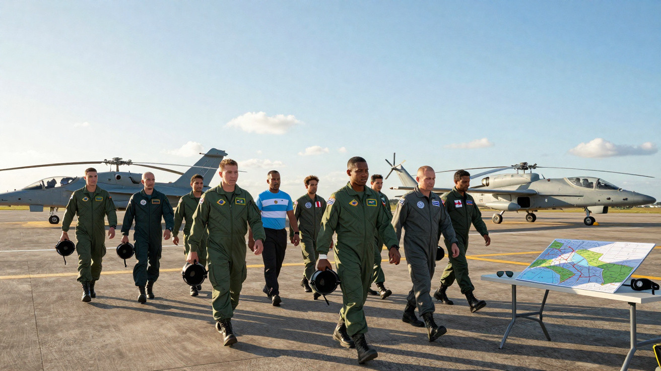 Grupo de pilotos militares caminhando em área de voo com helicópteros ao fundo e mapa em mesa.