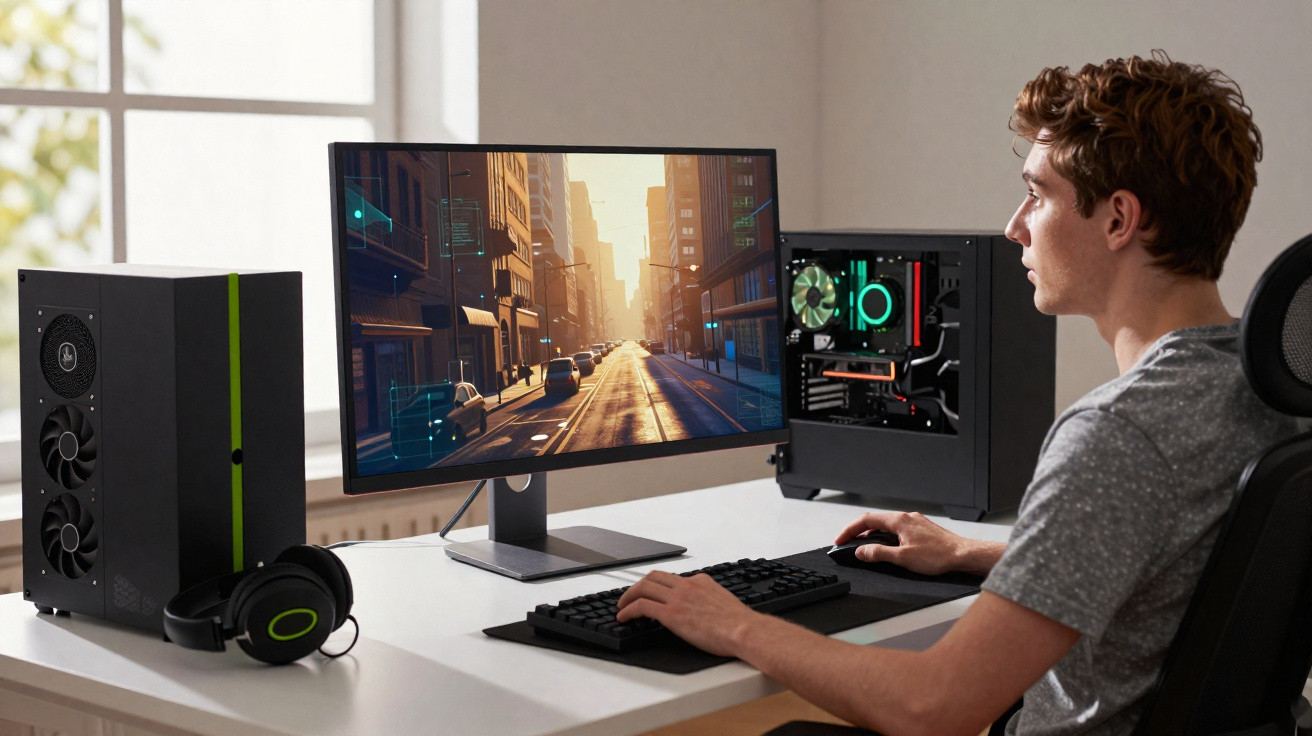 Homem jogando videogame em computador com monitor grande em ambiente iluminado por janela.