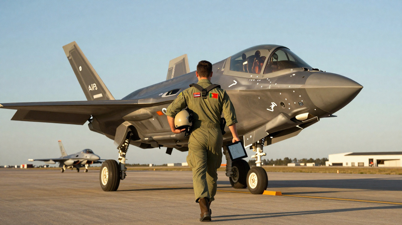 Piloto caminhando em direção a caça F-35 em pista de aeroporto ao entardecer.