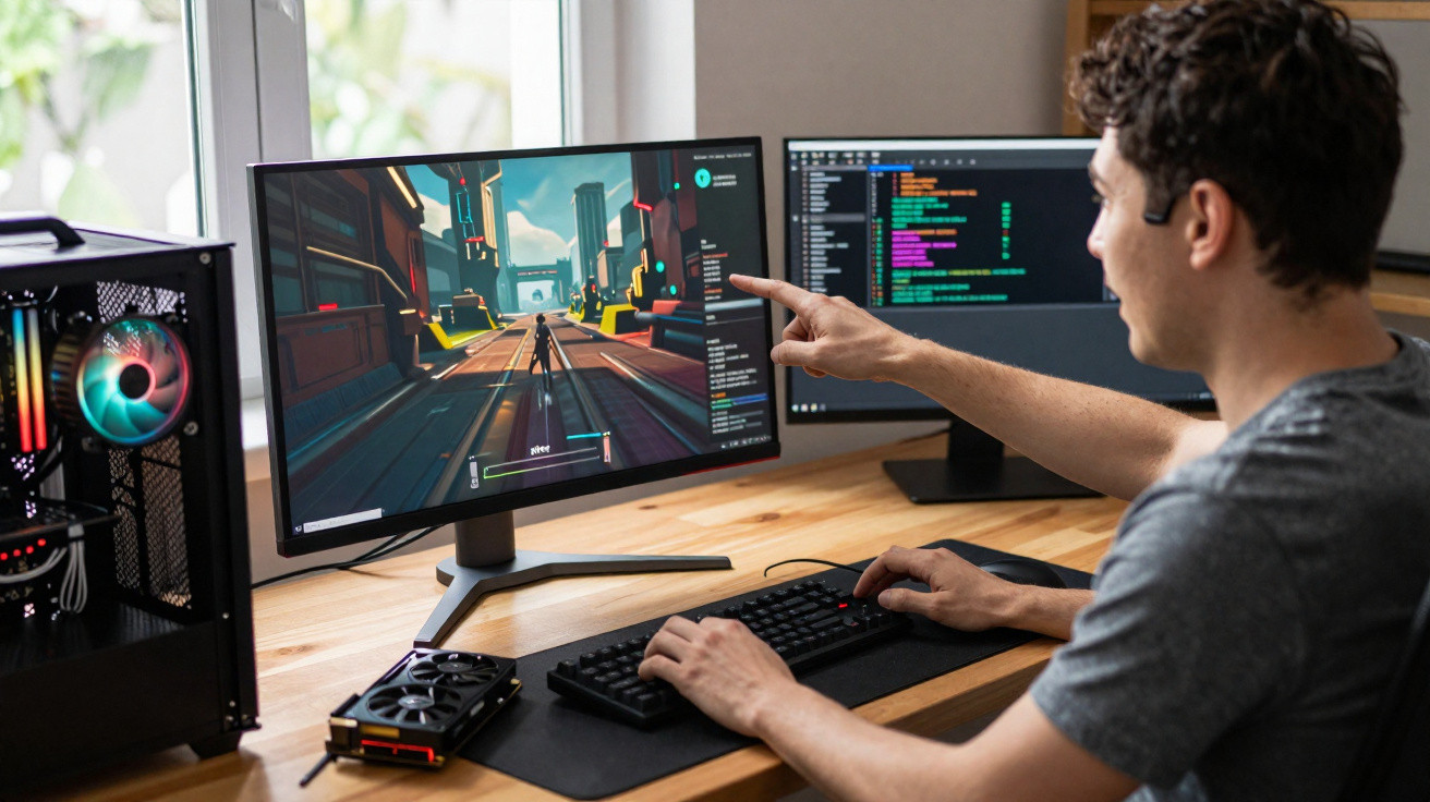 Jovem programador interagindo com jogo futurista e código em dois monitores na mesa de madeira.