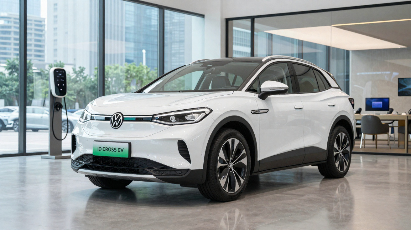 Carro elétrico Volkswagen ID. Cross EV branco em exposição dentro de showroom moderno.
