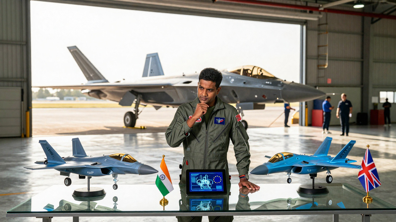 Piloto indiano em uniforme em hangar com modelo de jatos e bandeiras da Índia e Reino Unido sobre mesa de vidro.