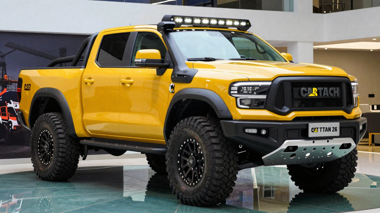 Picape amarela robusta com pneus off-road e barra de LED exibida em ambiente interno moderno.