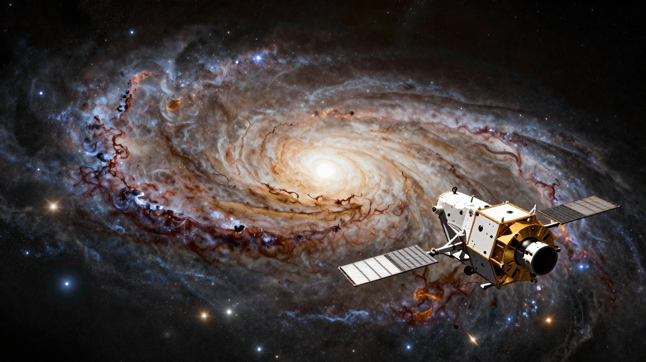 Satélite espacial orbitando próximo a uma galáxia espiral colorida e cheia de estrelas no espaço.