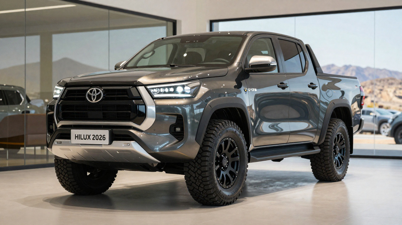 Picape Toyota Hilux 2026 cinza estacionada em showroom com vidro ao fundo.