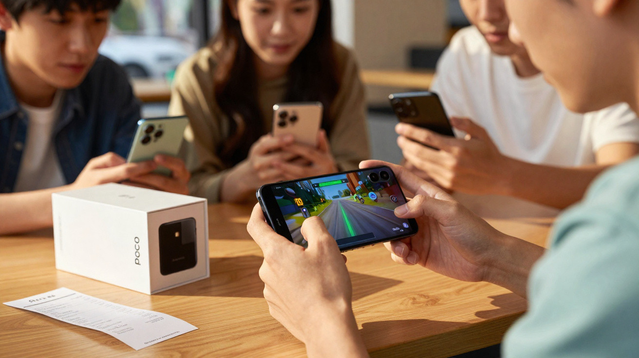 Quatro pessoas usando smartphones, uma jogando corrida enquanto outras olham seus celulares em uma mesa.