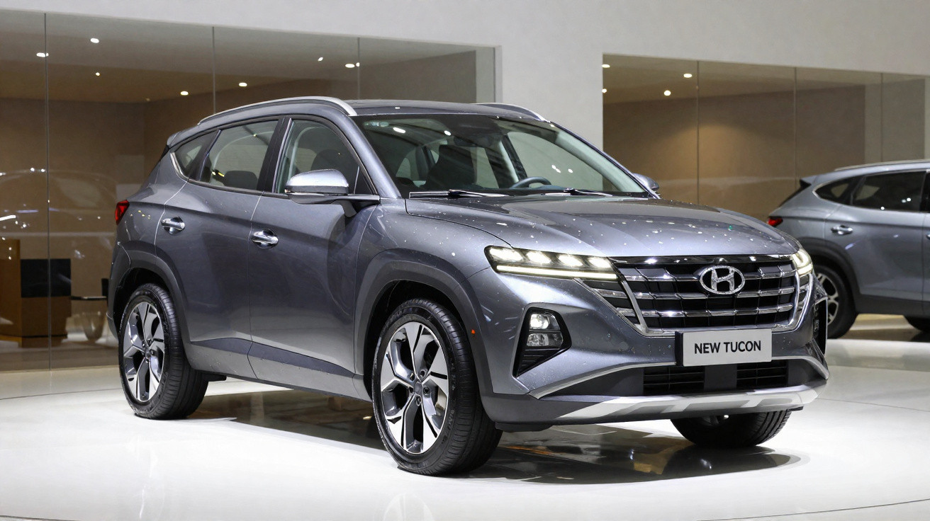 SUV Hyundai New Tucson cinza estacionado em ambiente interno com paredes de vidro ao fundo.