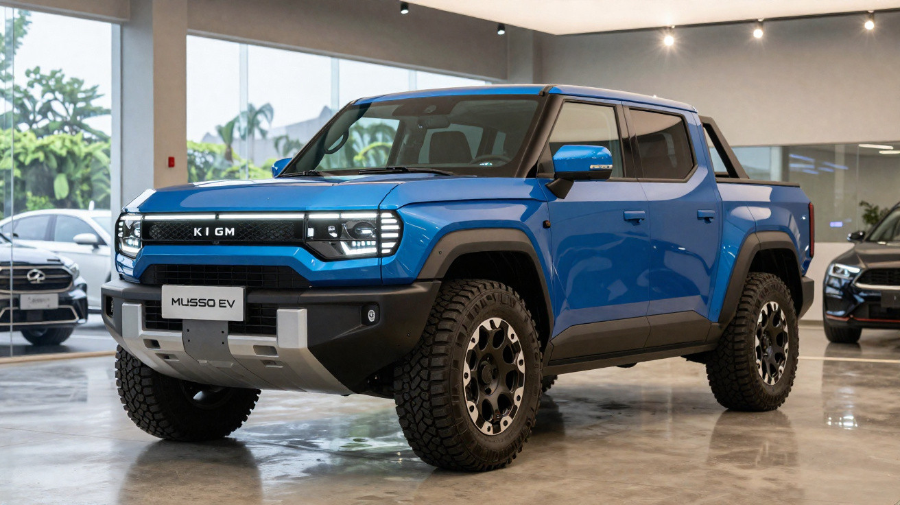 Picape elétrica azul KGM Musso EV em showroom com pneus robustos e design moderno.