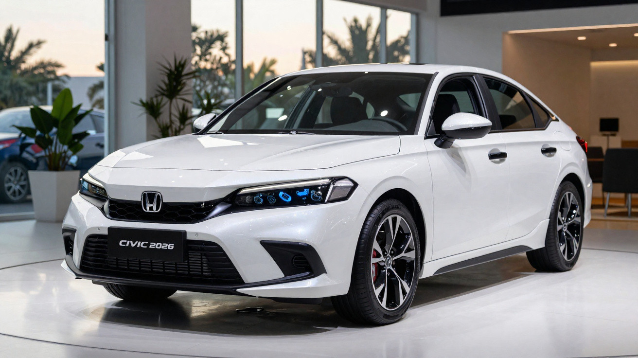 Carro branco Honda Civic 2026 em exposição interna com plantas ao fundo em ambiente moderno.