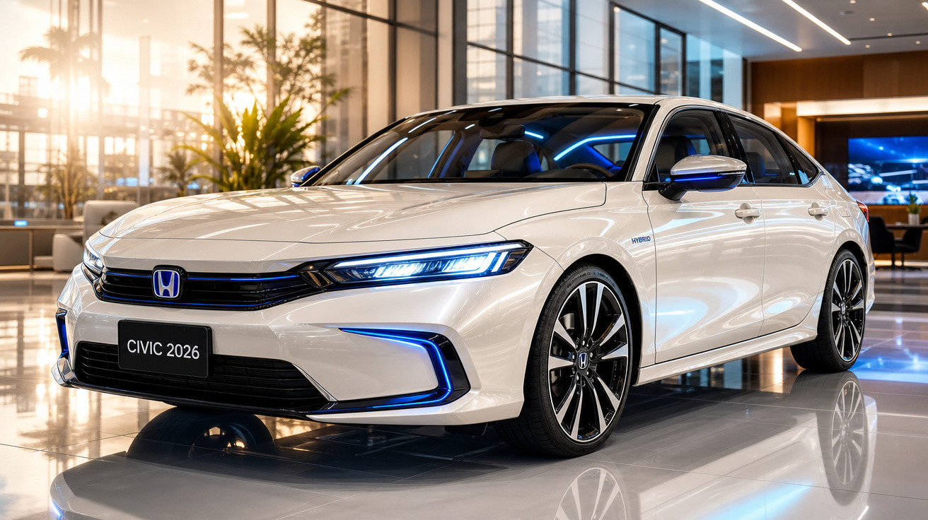 Carro Honda Civic 2026 branco, híbrido, exposto em salão moderno com iluminação azul e painéis de vidro.