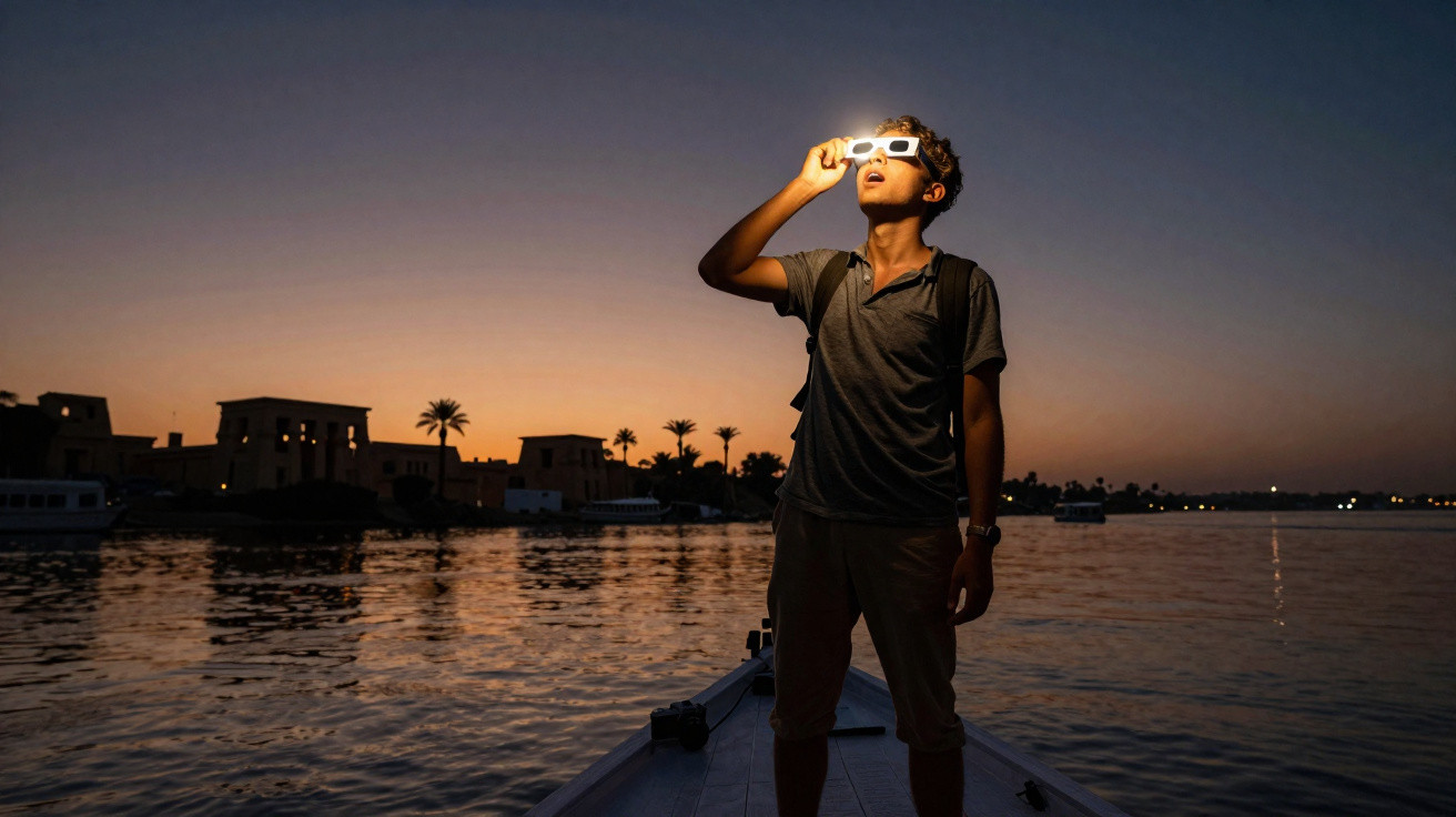Jovem com óculos especiais observa o céu ao entardecer em um barco sobre um rio tranquilo.