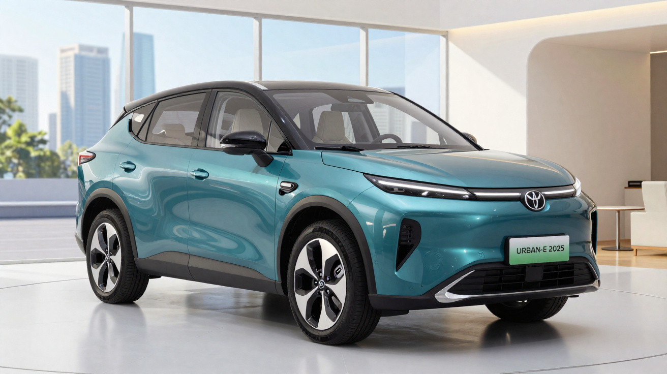 Carro elétrico Toyota Urban-E 2025 em azul esverdeado exibido em ambiente interno moderno.