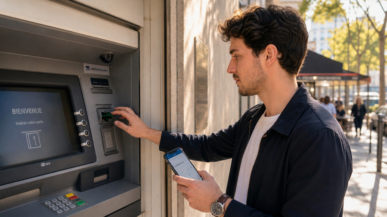 Homem usando caixa eletrônico ao ar livre, segurando celular com aplicativo de banco aberto.