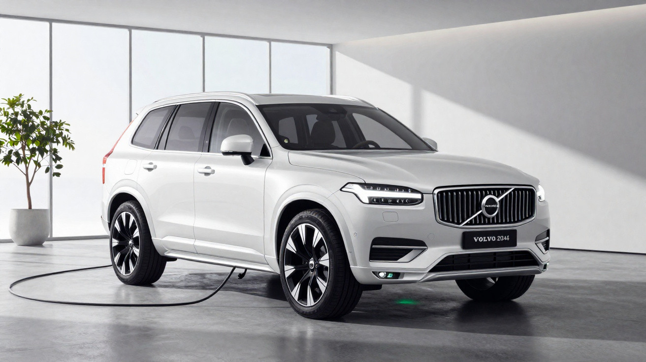 SUV Volvo branco modelo XC90 plugado em carregador elétrico em ambiente interno minimalista.