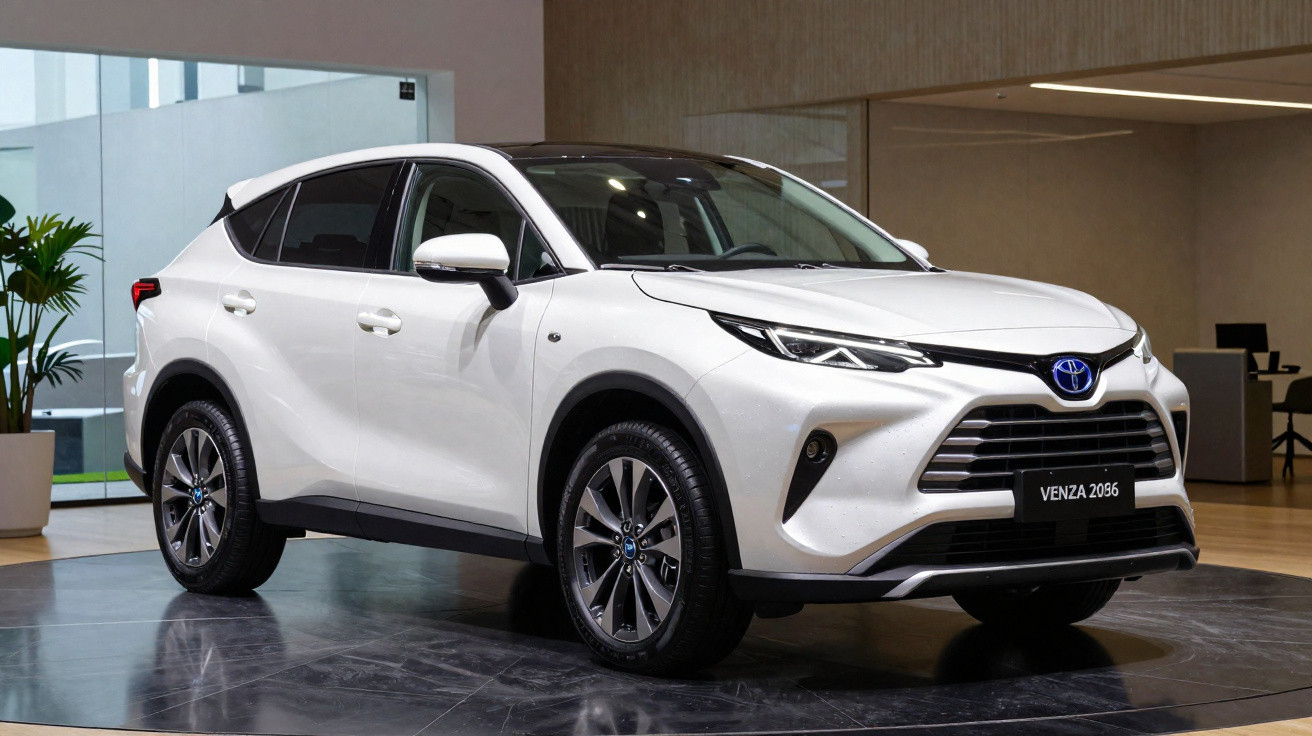 Carro SUV branco Toyota Venza 2096 estacionado em ambiente interno moderno e iluminado.