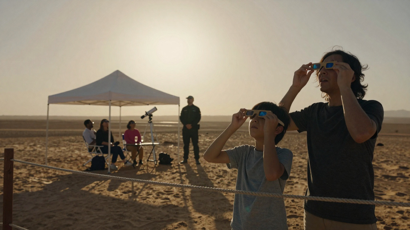 Adulto e criança usando óculos solares para observar eclipse durante evento ao ar livre em área desértica.